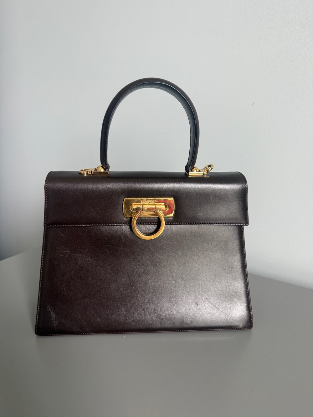 Vintage Salvatore Ferragamo Gancini 0212181 Brown Leather Top Handle Bag - Picture 3 of 10